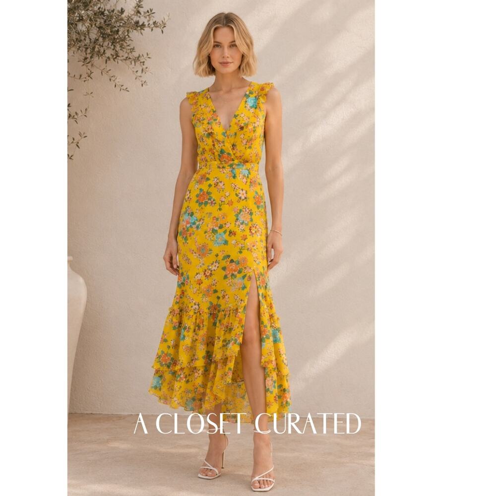 Saloni Anne Silk Floral Midi Dress 6 Yellow